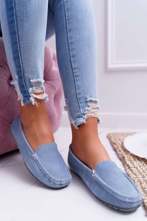 Жіночі мокасини замшеві шкіряні блакитні тензіон