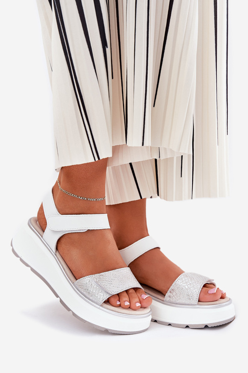 Жіночі Шкіряні Сандалі На Платформі І Каблуку З Липучкою S.Barski LR51-543 Сріблясті