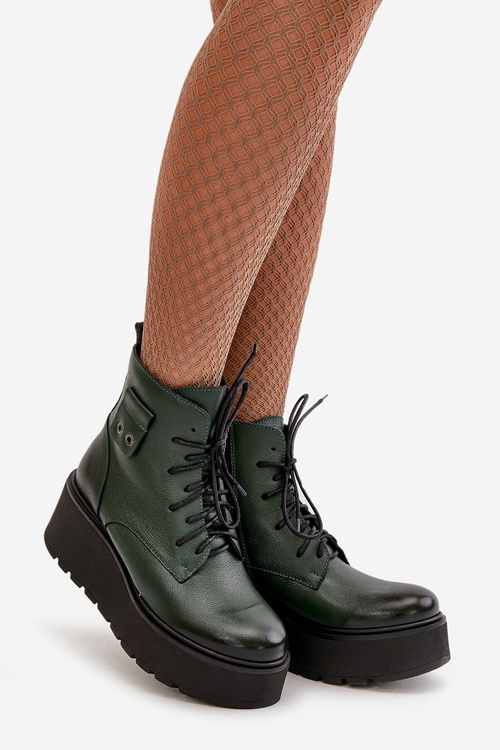 Zazoo 60499 Жіночі черевики на платформі та танкетці утеплені натуральна шкіра темно-зелені