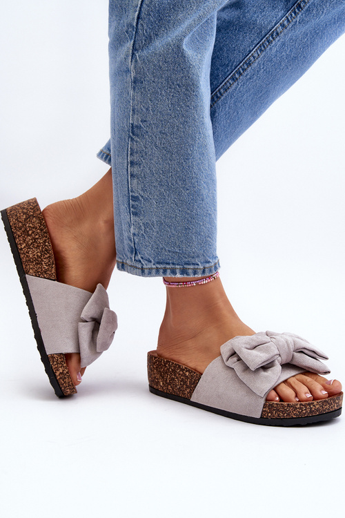 Жіночі тапочки на корковій платформі з бантом сірі Tarena