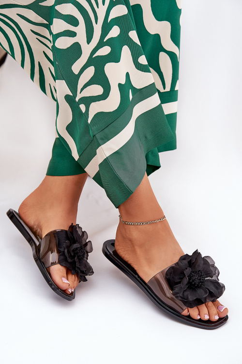 Прозорі Плоскі Жіночі Сандалі З Штучною Квіткою Чорні Vobetta