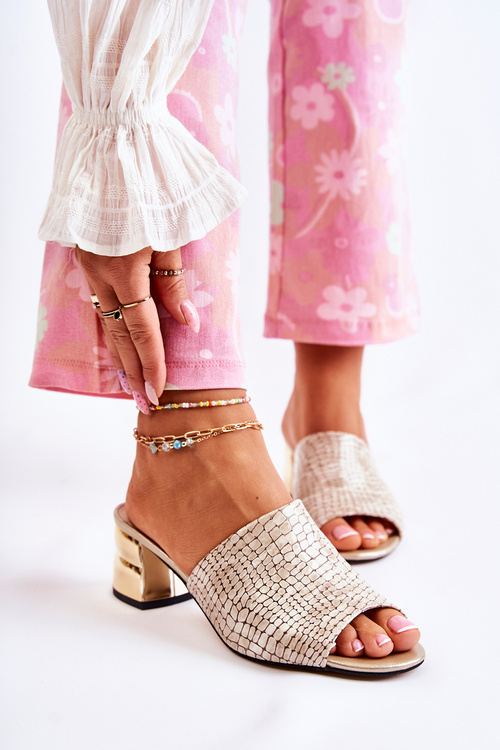 Шкіряні жіночі тапочки Крокодиловий візерунок На Каблуці Бежеві Перрі