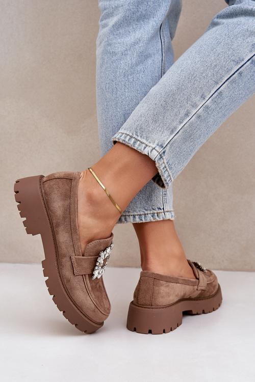 Еко Замшеві Жіночі Мокасини З Декоративною Брошкою Темно Бежеві Valiana