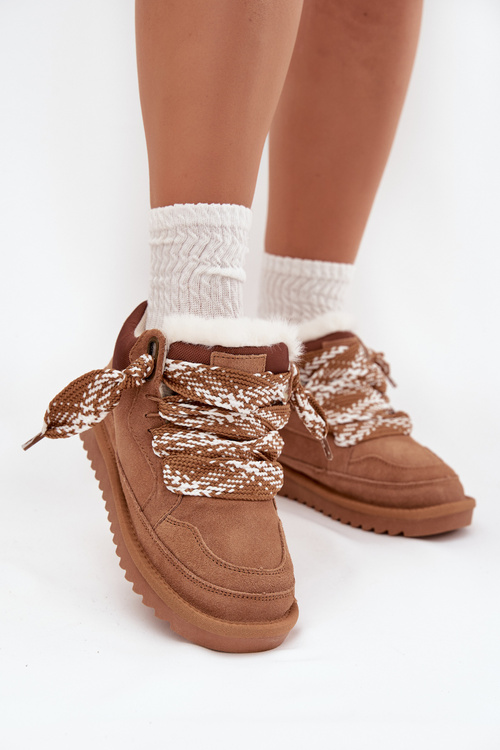 Замшеві жіночі зимові чоботи з хутром і товстими шнурками Vinceza 97963 Camel