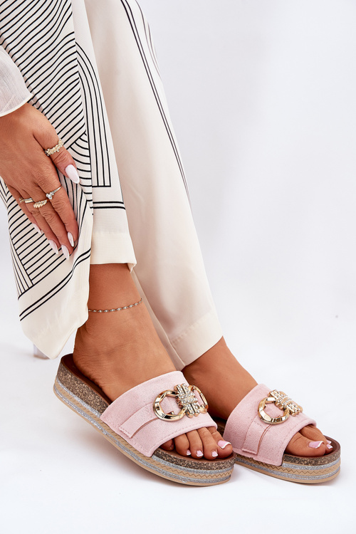 Жіночі Слайдери На Платформі З Блиском І Золотою Декорацією Рожеві Rilirea