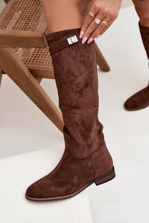 Зимові жіночі чоботи на плоскому підборі з ремінцем і срібним деталлю Коричневі Geraline