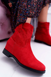 Жіночі ботфорти на шпильці Плоский каблук Утеплені до щиколотки Червоні деміні