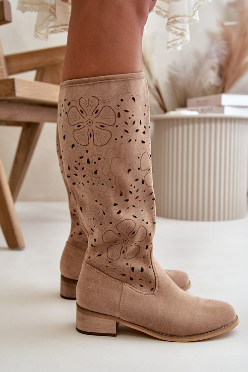 Жіночі еко-замшеві черевики на низьких підборах і блискавці Темно-бежеві орхідеї