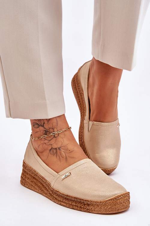 Жіночі шкіряні еспадрільї на танкетці бежево-золотого кольору Hadlee