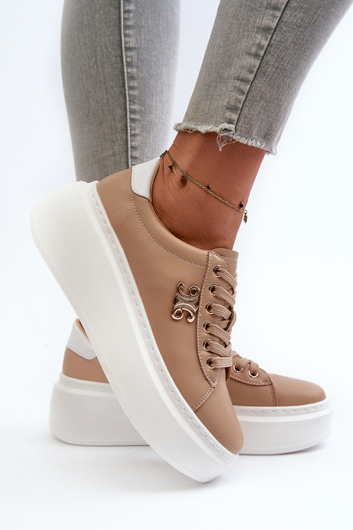 Коричневі жіночі шкіряні кросівки на платформі Pernalia