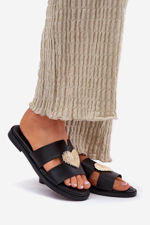 Жіночі Плоскі Сандалі З Золотою Декорацією Чорні Karinma