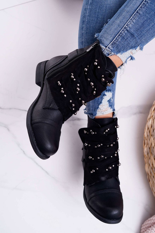 Чоботи жіночі на плоскій каблуці зі стразами чорні Valko