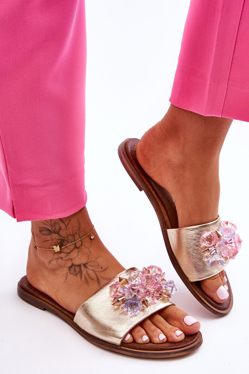 Шкіряні жіночі тапочки з декором Nicole 2726/064 Золотий