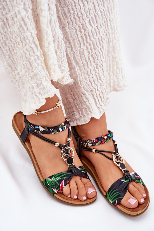 Жіночі Плоскі Сандалі З Плетеним Ремінцем І Декорацією Чорні Artiker 56C1318