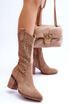 Жіночі замшеві ажурні чоботи бежеві Adelia
