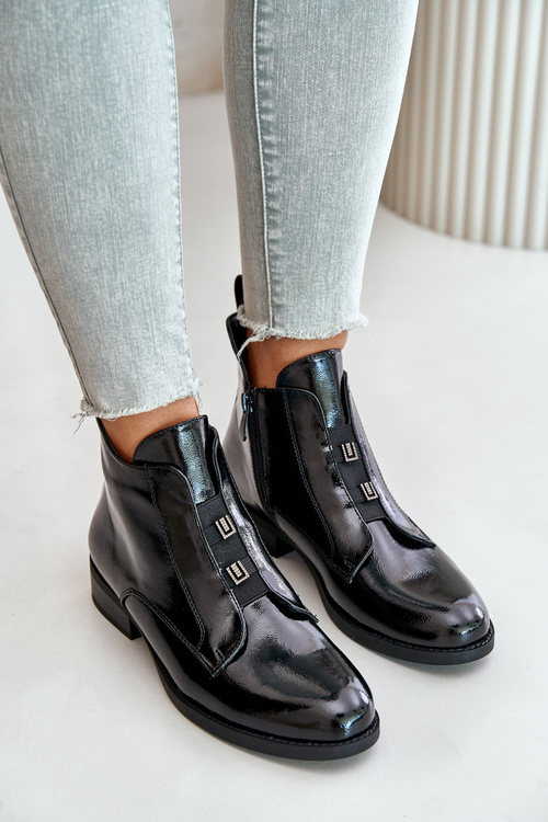 Лаковані ботильйони з блискавкою, утепленою плоскою підборою S.Barski HY42-717 Чорний