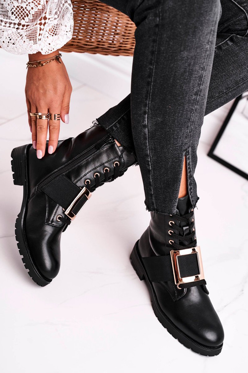 Чоботи жіночі із золотою пряжкою чорні Happy Su