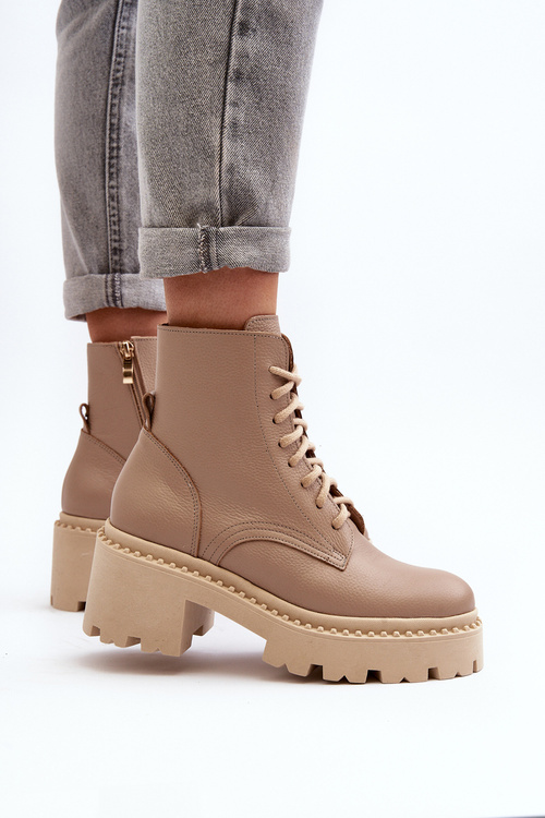 Бежеві шкіряні жіночі ботильйони Zazoo 3413 на масивному каблуці