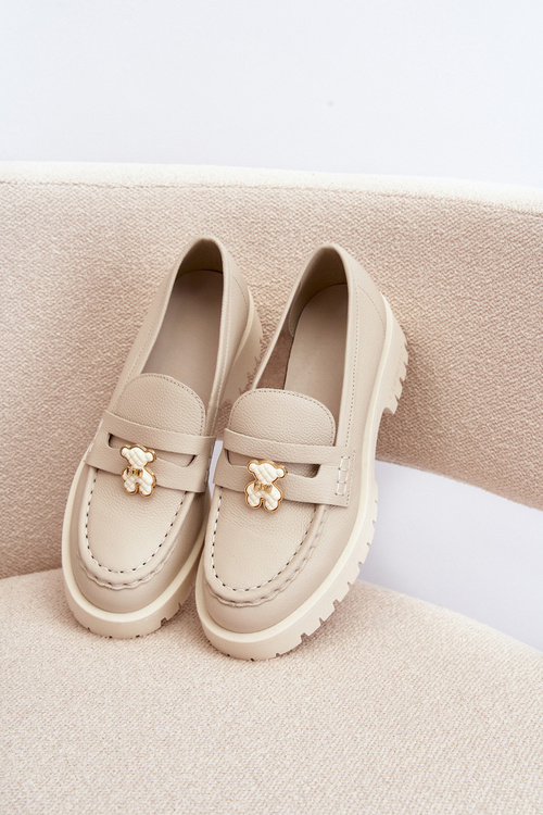 Шкіряні мокасини з ведмедиком CheBello 4291 Світло-бежевий