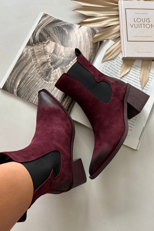 Шкіряні замшеві жіночі чоботи на каблуку обігрівані Artiker 57C0048 Bordeaux