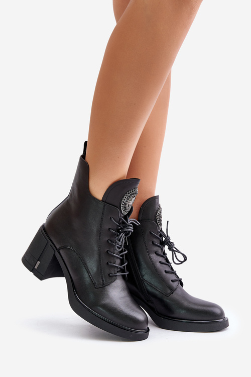 Утеплені ботильйони на масивному каблуці натуральна шкіра чорні Vinceza 66676