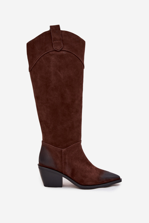 Жіночі Ковбойські Ботфорти На Каблуці З Натуральної Замші Artiker 57C0230 Коричневі