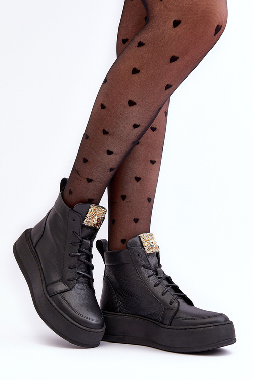 Чоботи жіночі на шнурівці з шкіряним декором Чорні Nicole 2833