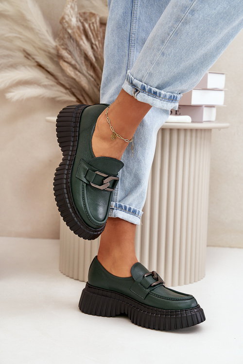 Жіночі лофери Zazoo 20176 з натуральної шкіри темно-зелені