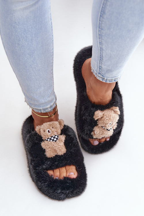 Жіночі тапочки зі штучного хутра з ведмедиком Чорні Румунія