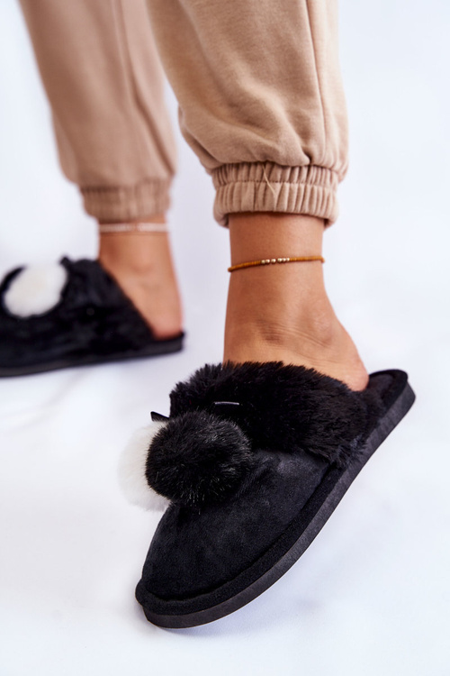 Жіночі тапочки з помпонами і хутром Black Sahira