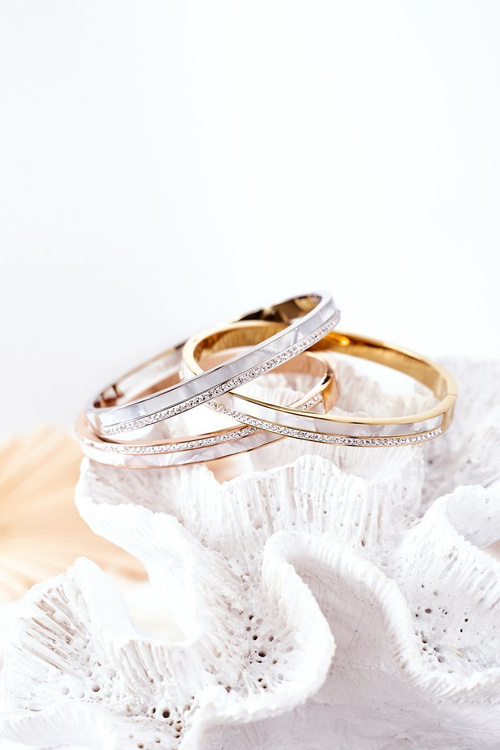 Сталевий браслет з кубічним цирконієм і срібним перламутром