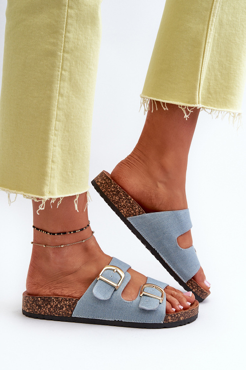 Жіночі джинсові шльопанці на корковій платформі з лямками Blue Doretta