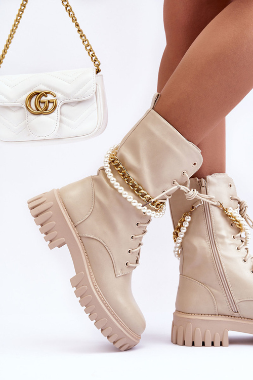 Шкіряні високі черевики з ланцюжком бежеві Nameer