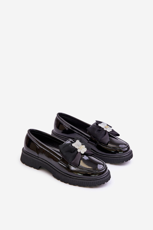 Глянцеві мокасини для дівчат з бантом з екошкіри Avallesa чорного кольору