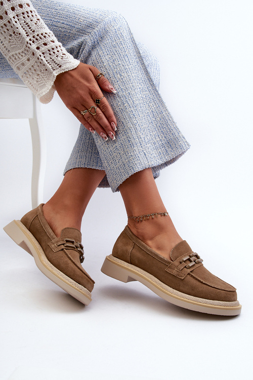 Жіночі замшеві лофери на плоскій каблуці з декором D&A TW101 Коричневий