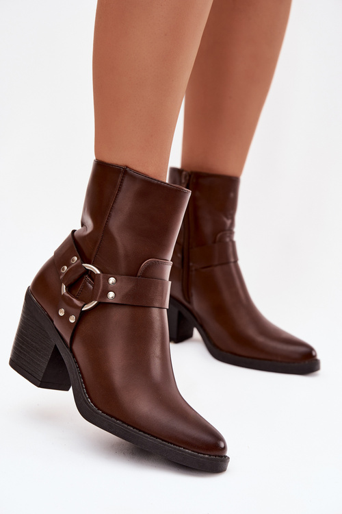 Зігріті жіночі черевики на каблуці з декоративним елементом коричневі Jurelle