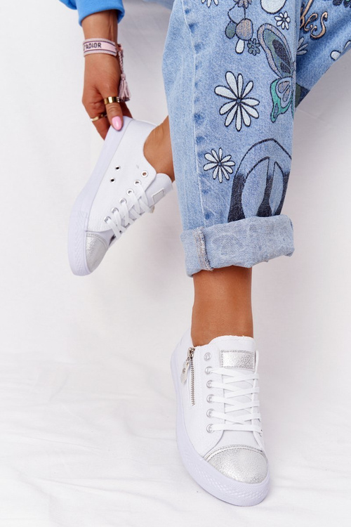 Жіночі кросівки на блискавці біло-сріблясті фестивальні