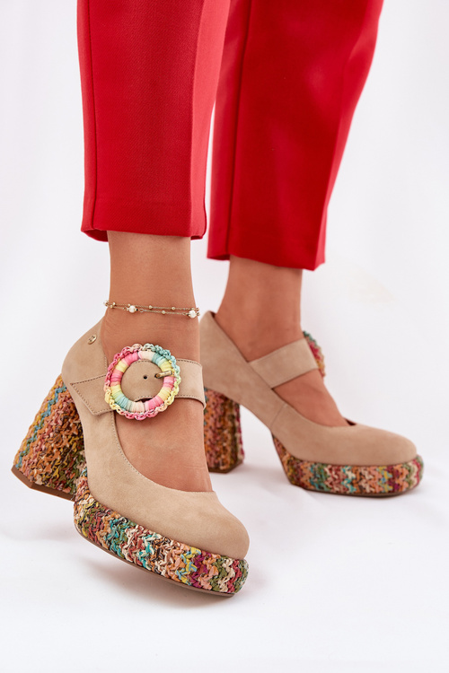 Замшеві Туфлі З Плетінням На Каблуку І Платформі 06839-04 Maciejka Бежеві