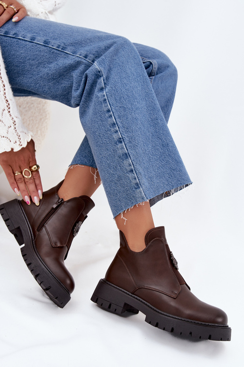 Утеплені Низькі Жіночі Чоботи З Декором На Блискавці Коричневі Lavira