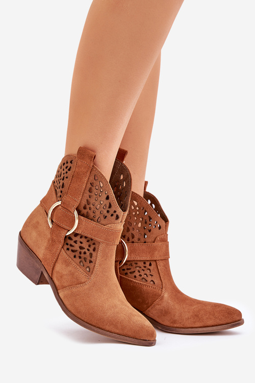 Замшеві ковбойські ботильйони з перфорацією на підборах 2994 Camel