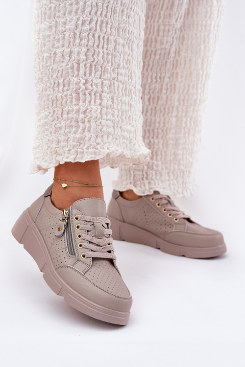 Шкіряне Спортивне Взуття Кросівки На Платформі З Блискавкою Vinceza 88019 Темно-бежеві