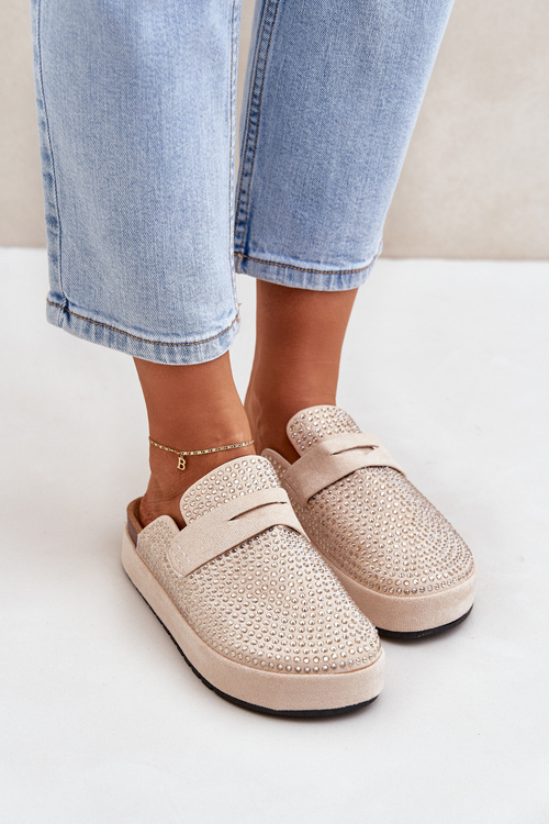 Жіночі сандалі, прикрашені цирконіями на платформі бежеві Deorani