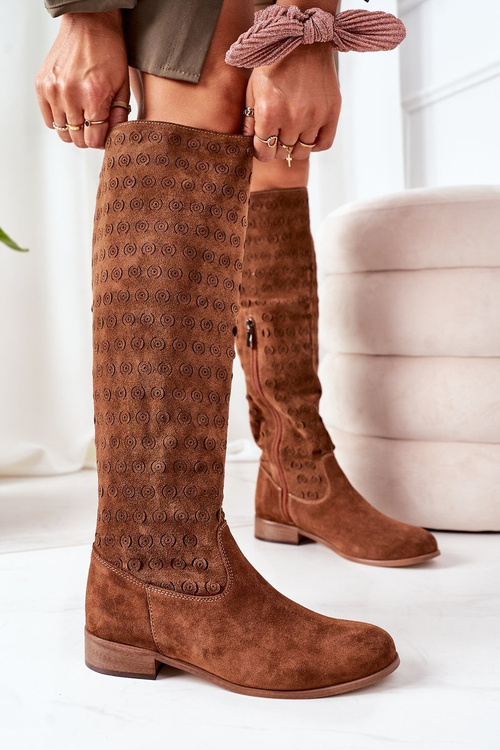 Ажурні замшеві високі чоботи коричневого кольору Montana