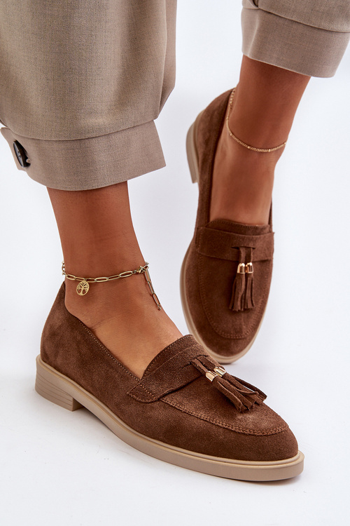 Замшеві жіночі лофери Zazoo 3420 на плоскій підошві коричневі