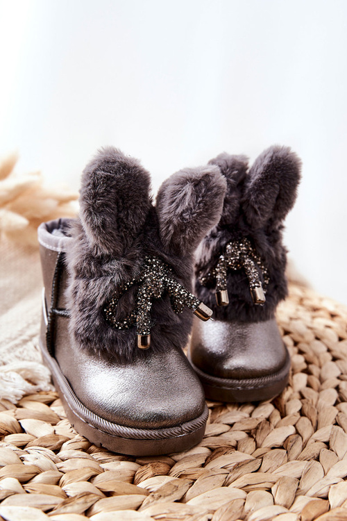 Дитячі снігові черевики утеплені хутром з вушками сірий зайчик