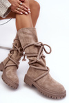 Жіночі замшеві чоботи зі шнурівкою бежево-коричневого кольору