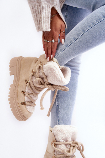 Жіночі снігові черевики на шнурівці світло-бежеві шалі