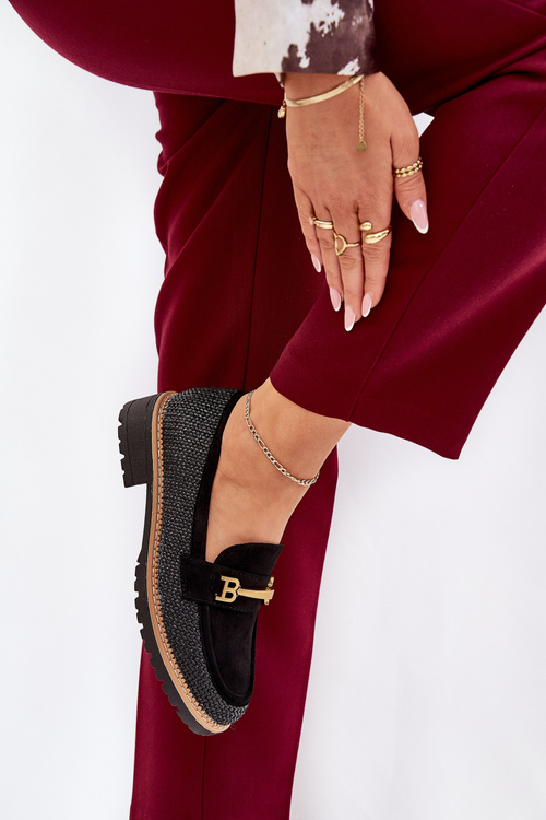 Жіночі Мокасини З Плетінням І Золотим Деталем Чорні Seffolia