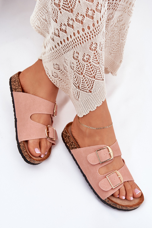 Жіночі сандалі на корковій платформі з золотими пряжками рожеві Lisavionea