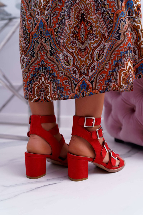 Жіночі босоніжки на шпильці гладіатори замшеві червоні Nella